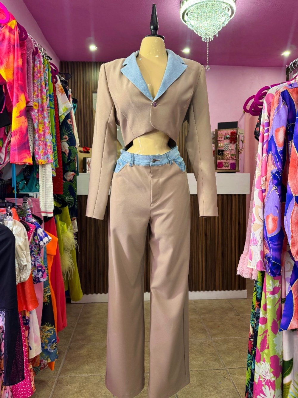 Chic Nude & Blue Two-Piece Pant Set – Cropped Blazer & Wide Leg Pants
